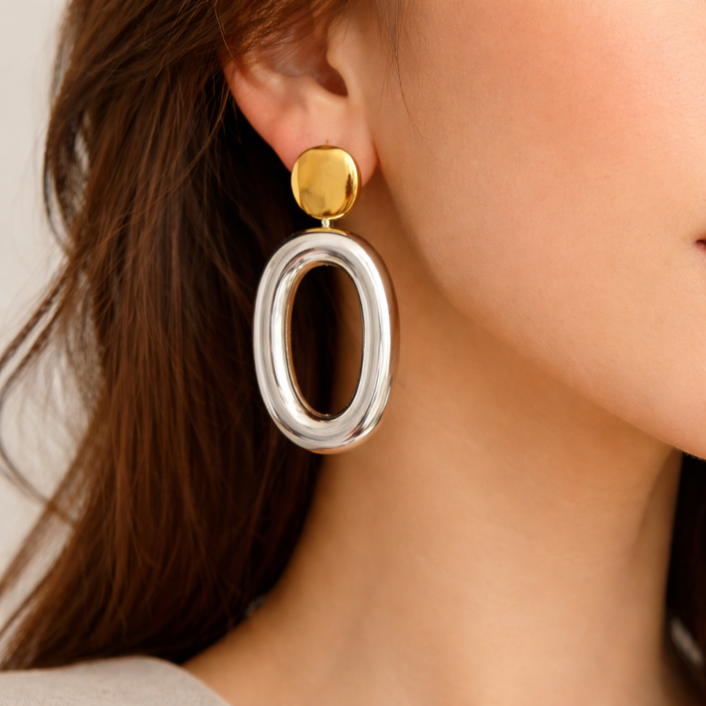 Bold Mixed-Metal Oval Drop Earrings