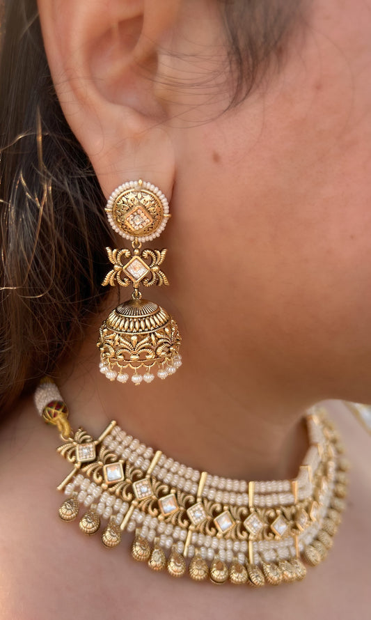 White Alisha Kundan Necklace Set with Jhumkas