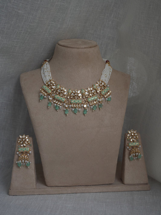 Mint Enamel Polki Choker Necklace Set
