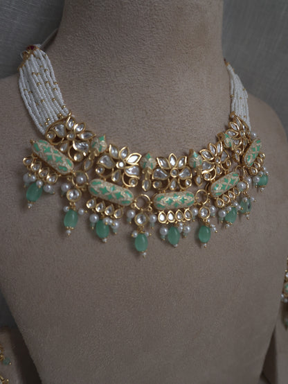 Mint Enamel Polki Choker Necklace Set