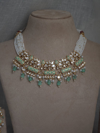 Mint Enamel Polki Choker Necklace Set
