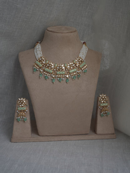Mint Enamel Polki Choker Necklace Set