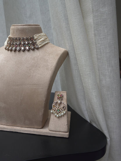 Pearl Polki Statement Choker Necklace Set (Necklace & Earrings)