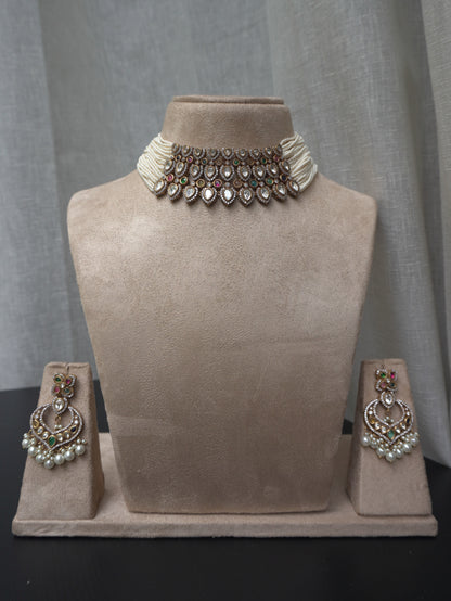 Pearl Polki Statement Choker Necklace Set (Necklace & Earrings)