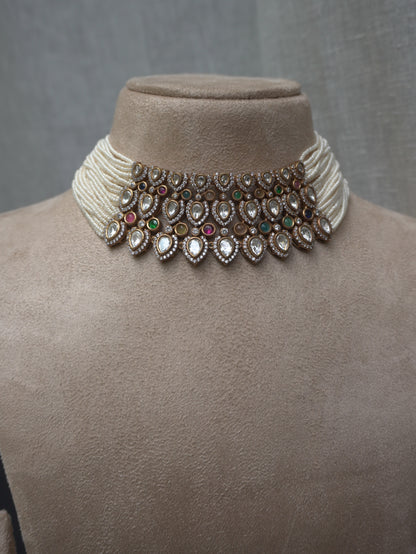 Pearl Polki Statement Choker Necklace Set (Necklace & Earrings)