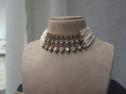 Pearl Polki Statement Choker Necklace Set (Necklace & Earrings)