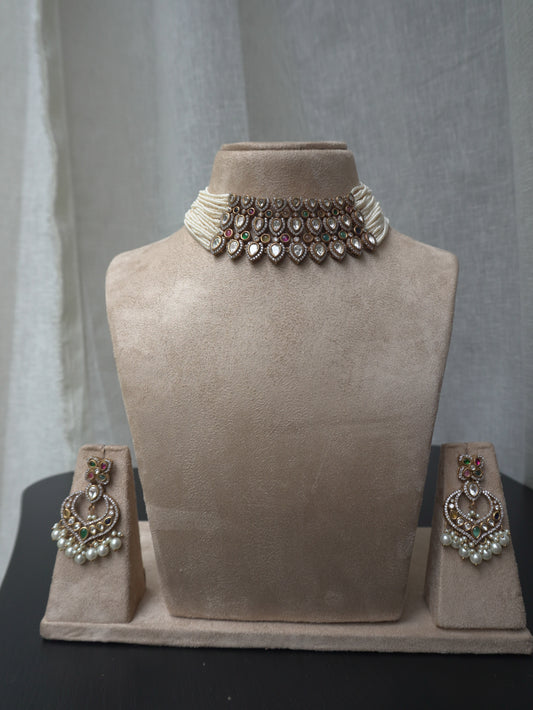 Pearl Polki Statement Choker Necklace Set (Necklace & Earrings)