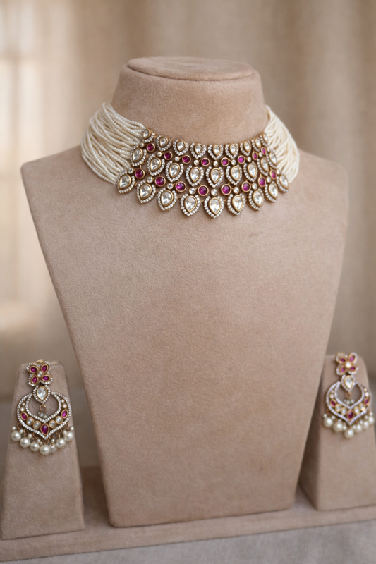 Pearl Polki Statement Choker Necklace Set (Necklace & Earrings)