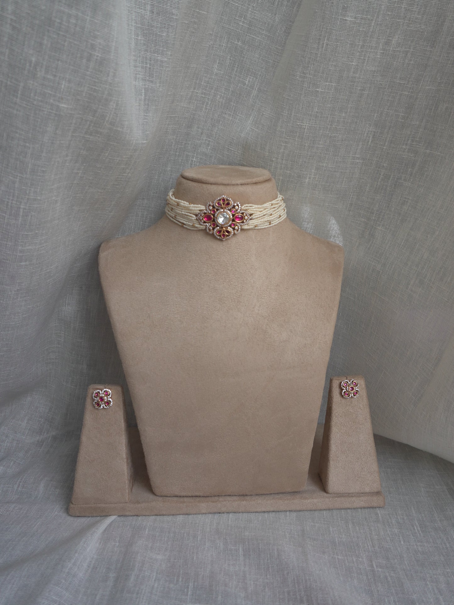 Ruby Polki Pearl Choker Necklace Set