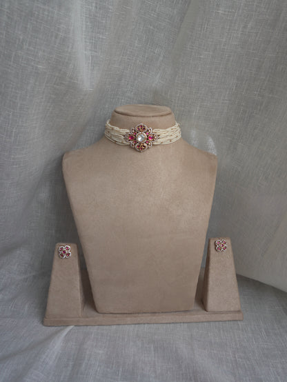Ruby Polki Pearl Choker Necklace Set