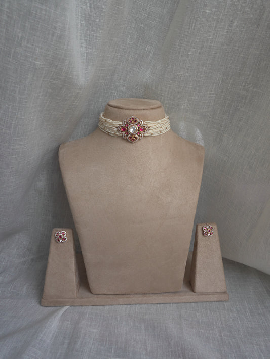 Ruby Polki Pearl Choker Necklace Set