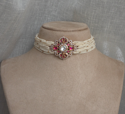 Ruby Polki Pearl Choker Necklace Set