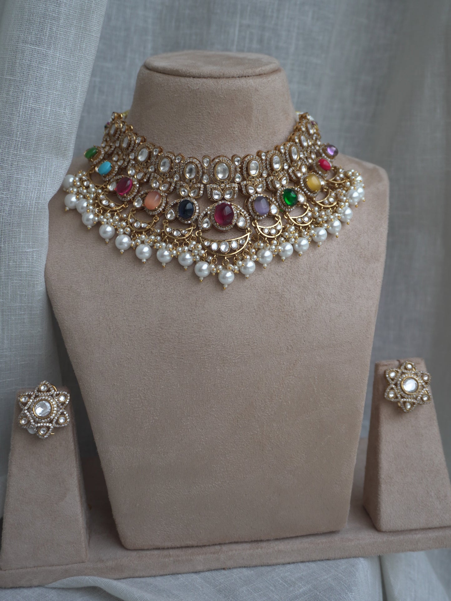 Navratna Polki Choker Necklace Set (Choker & Earrings)
