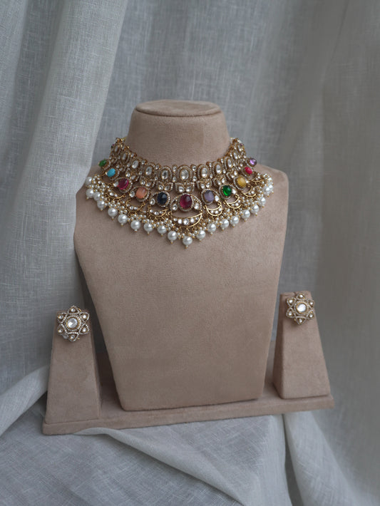 Navratna Polki Choker Necklace Set (Choker & Earrings)