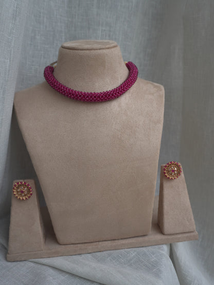 Pink Garnet Beaded Choker Necklace Set