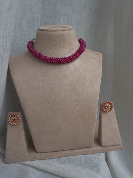 Pink Garnet Beaded Choker Necklace Set