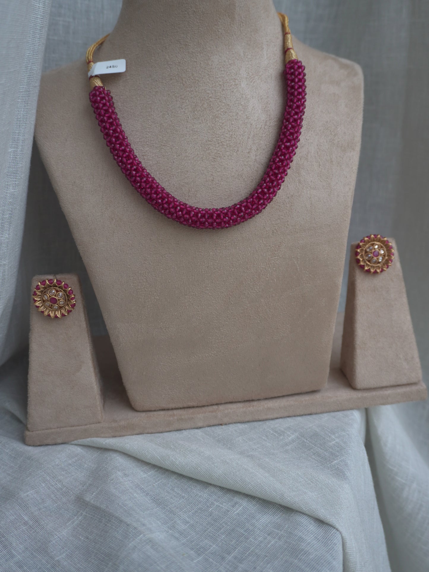 Pink Garnet Beaded Choker Necklace Set
