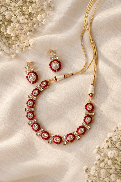 Rani Pink Polki Collar Necklace Set with Earrings(Necklace & Earrings)