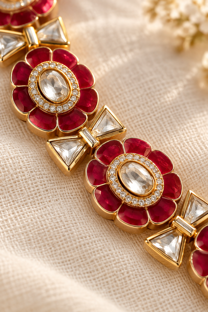 Rani Pink Polki Collar Necklace Set with Earrings(Necklace & Earrings)