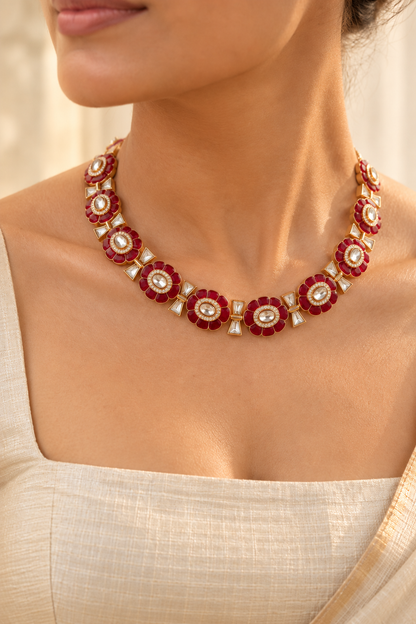 Rani Pink Polki Collar Necklace Set with Earrings(Necklace & Earrings)