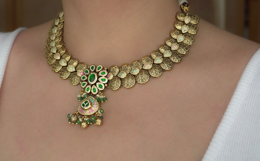 Green Kadambari Gold Necklace (Necklace & Earrings)