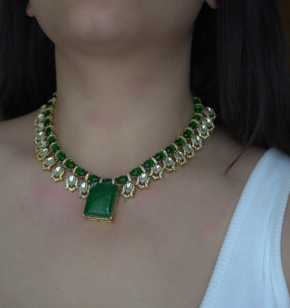 Madhuban Emerald Diamond Necklace Set (Necklace & Earrings)