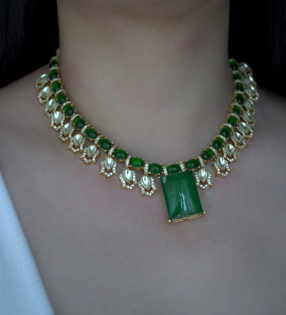Green Madhuban Diamond Necklace Set (Necklace & Earrings)