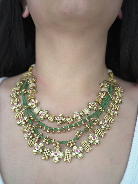 Green Yashawini Meenakari Rajwada Necklace Set (Necklace & Earrings)