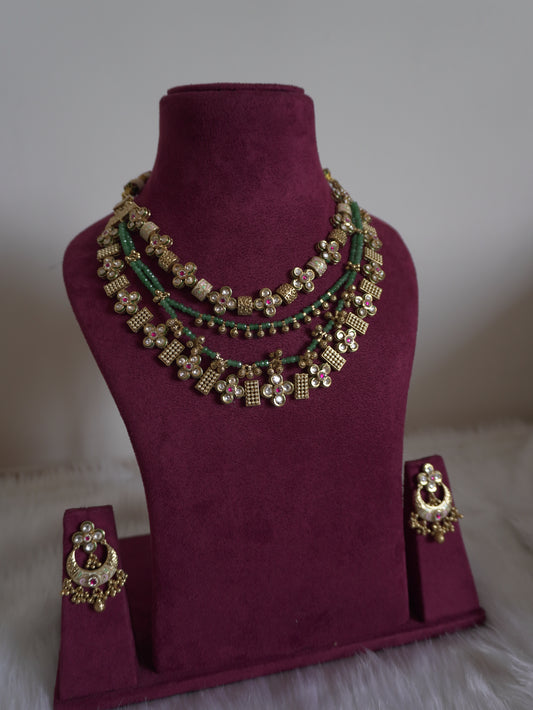 Green Yashawini Meenakari Rajwada Necklace Set (Necklace & Earrings)
