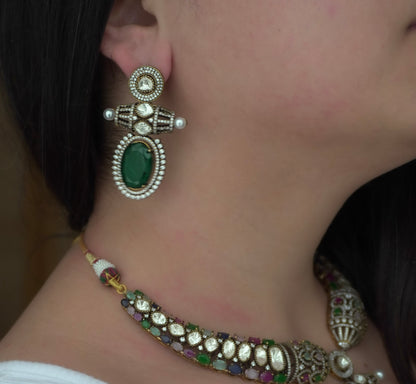Victorian Navratna Hasli Navratna Necklace Set (Necklace & Earrings)