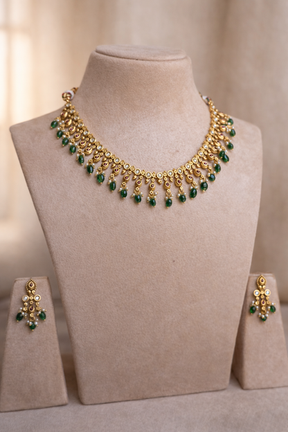 Emerald Drop Kundan Necklace Set (Necklace & Earrings)