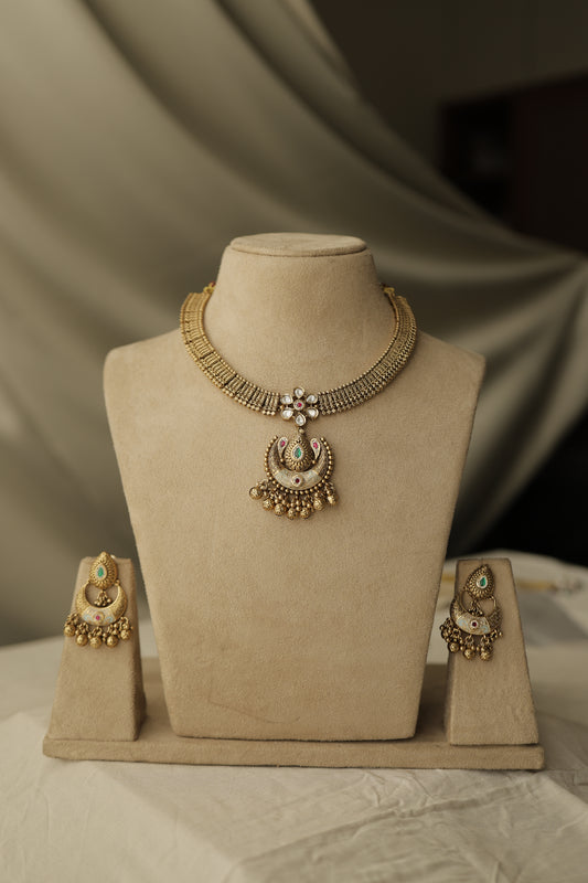 Meenakari Chand Pendant Gold necklace Set (Necklace & Earrings
