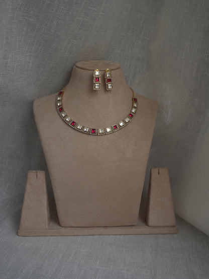 Ruby Polki Square Necklace Set