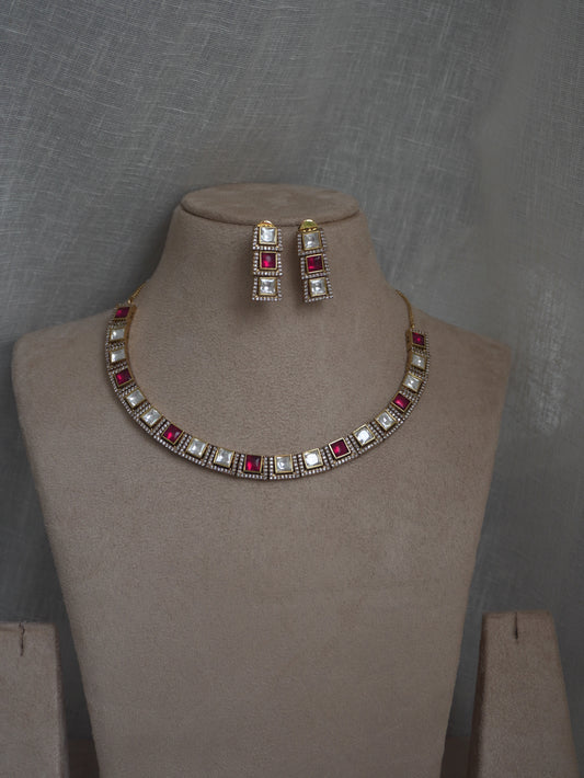 Ruby Polki Square Necklace Set