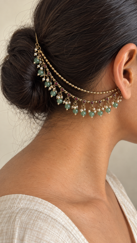 Bahaar Kanauti with Green Bead Drops (Ear Chain)