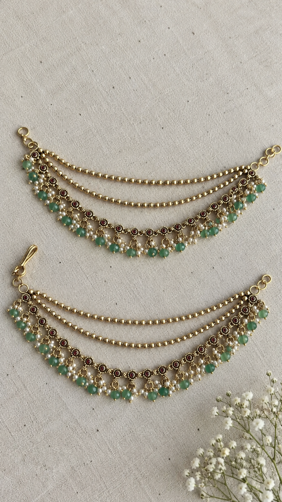 Bahaar Kanauti with Green Bead Drops (Ear Chain)