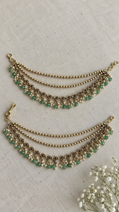 Bahaar Kanauti with Green Bead Drops (Ear Chain)