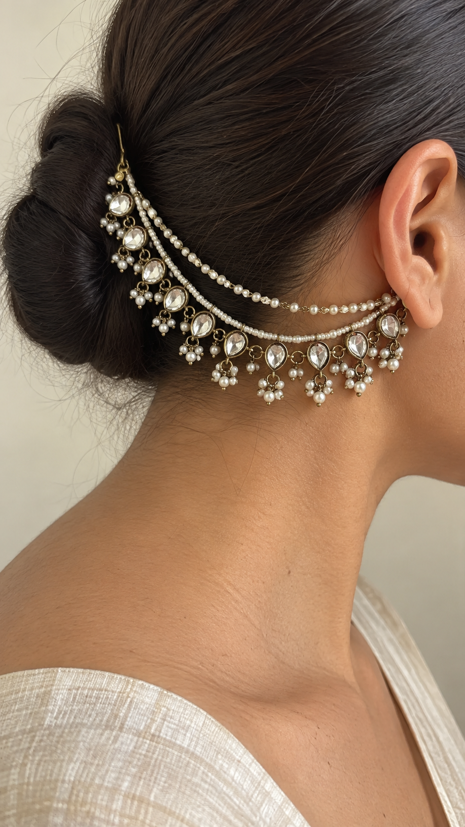 Chandni Kundan and Pearl Kanauti (Ear Chain)