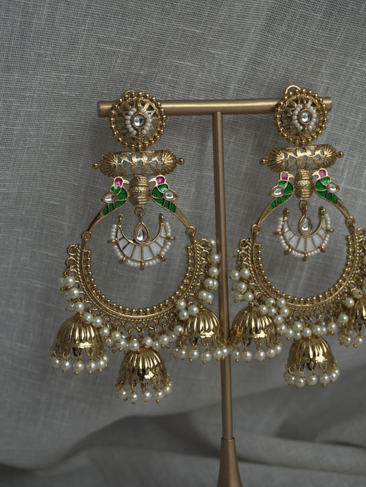White Meghna Antique Temple Chandbaali Earrings
