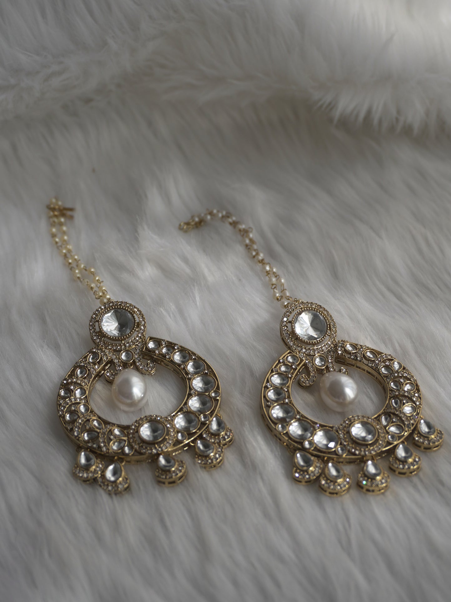 Kundan Pearl Chandbaali Earrings - With Hair Chain