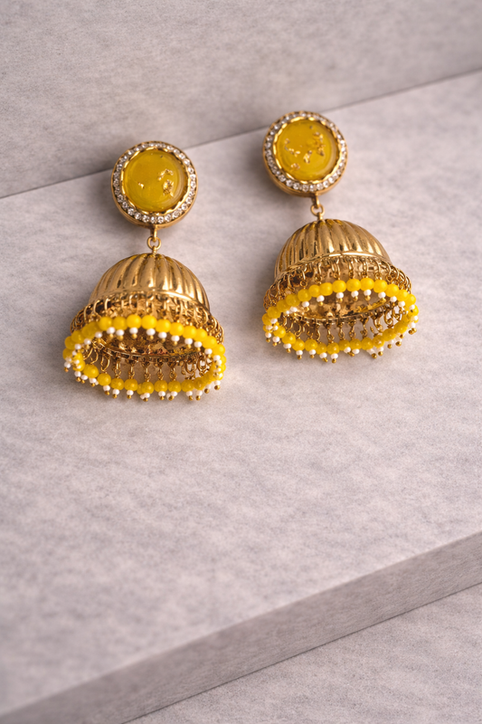 Sunheri Yellow Beaded Jhumka Earrings