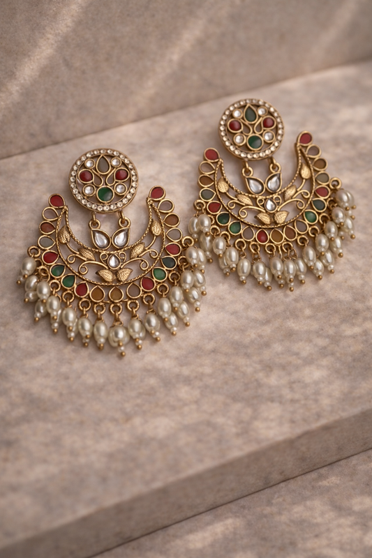Green Chandbali Earrings with Pearls