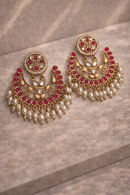 Pink Chandbali Earrings with Pearls
