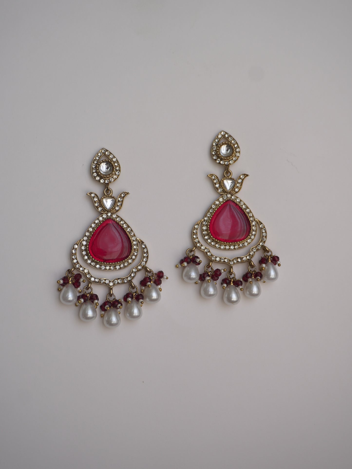Red Stone & Pearl Drop Earrings