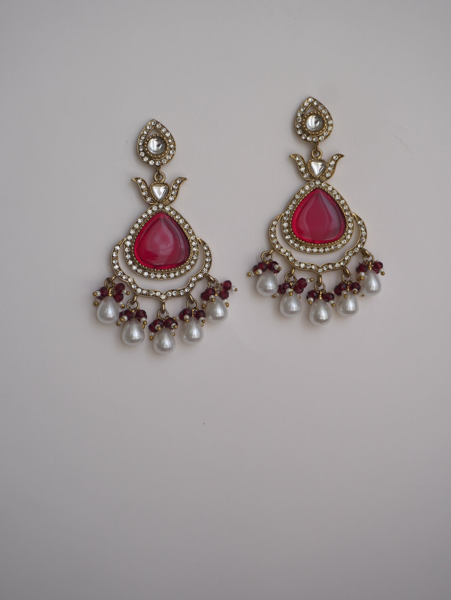Red Stone & Pearl Drop Earrings