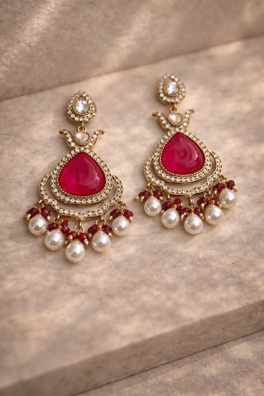 Red Stone & Pearl Drop Earrings