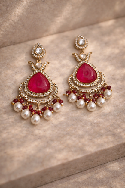Red Stone & Pearl Drop Earrings