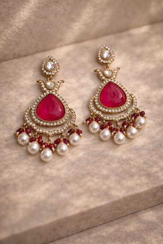 Red Stone & Pearl Drop Earrings