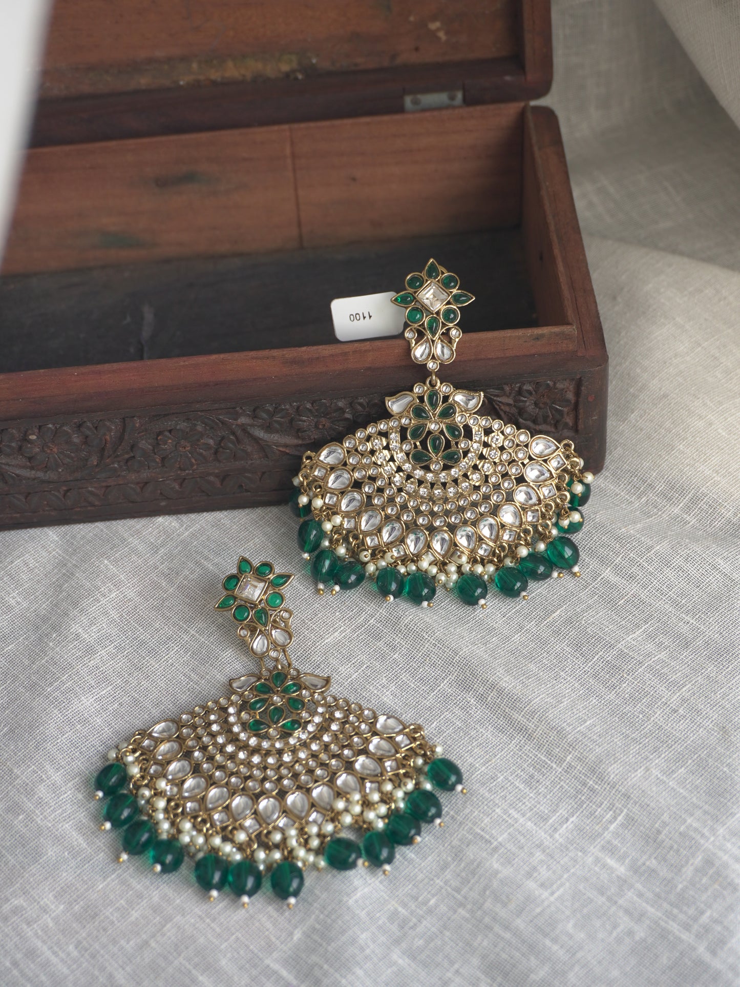 Green Aarya Chandbaali with Ear Chain | Detachable (2 in 1)