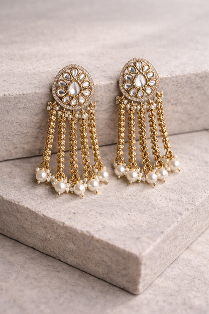 White Aarini Kundan Pearl Tassel Earrings